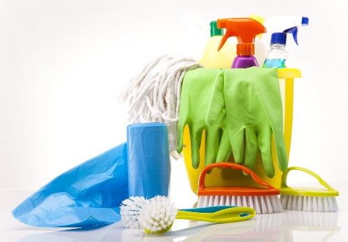 Domestic cleaning supplies arranged for home cleaning tasks