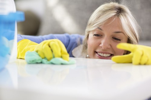 Kitchen surfaces being cleaned during a domestic cleaning routine